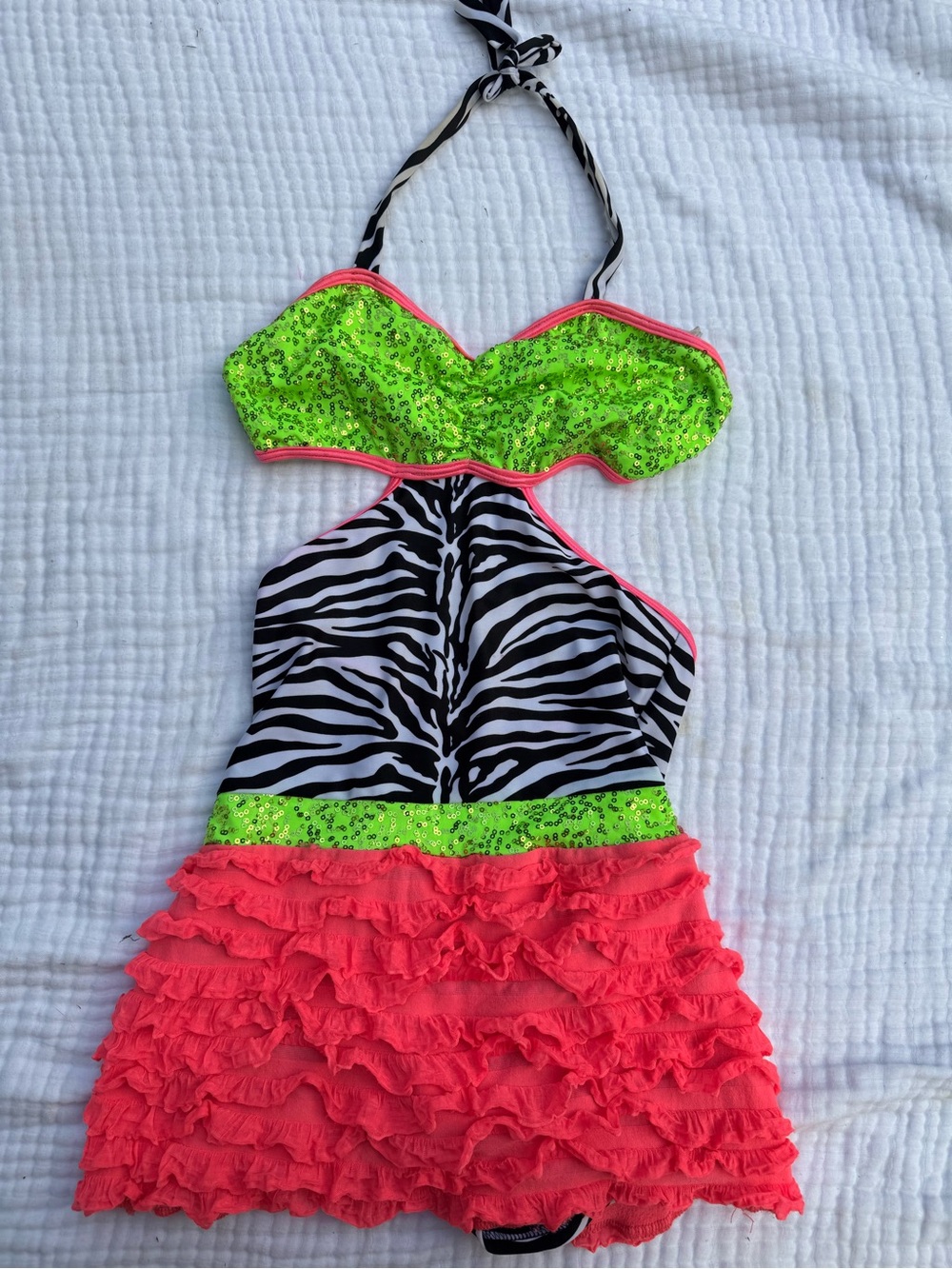 Girls Neon Green & Hot Pink Zebra Ruffle dance costume